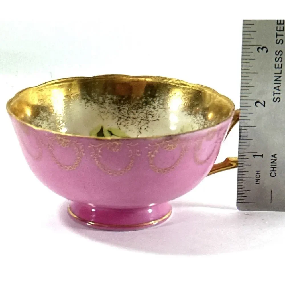 Royal Sealy Japan Pink Gold Gilt Fruit Teacup Saucer Set Vintage Porcelain